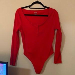 VS Pink Ribbed Red Bodysuit Sz L like new